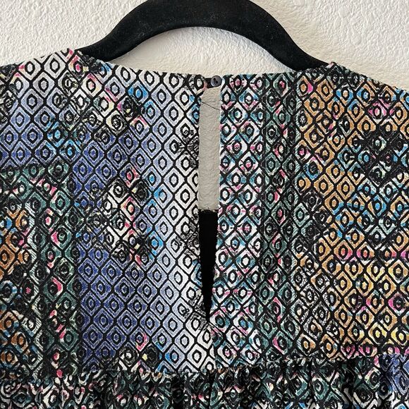 Zara Trafaluc Top Blouse Size Med Geometric Patterned Keyhole Tie Sides Boho - Picture 9 of 12
